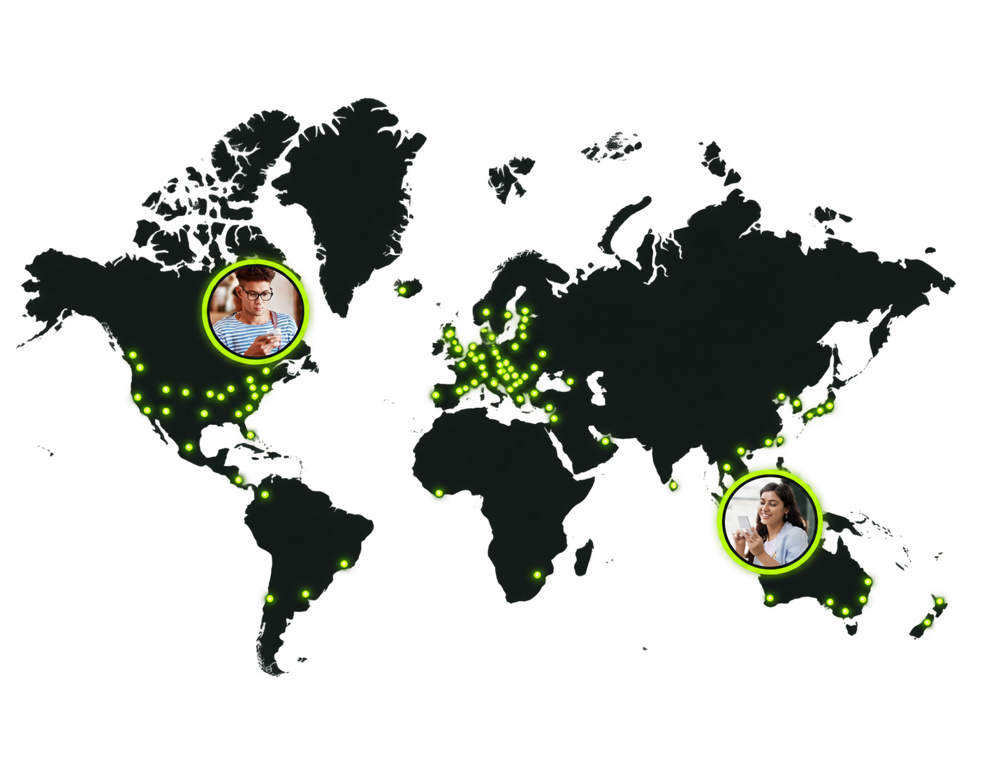 Mapa mundial con puntos de actividad y dos personas conectadas